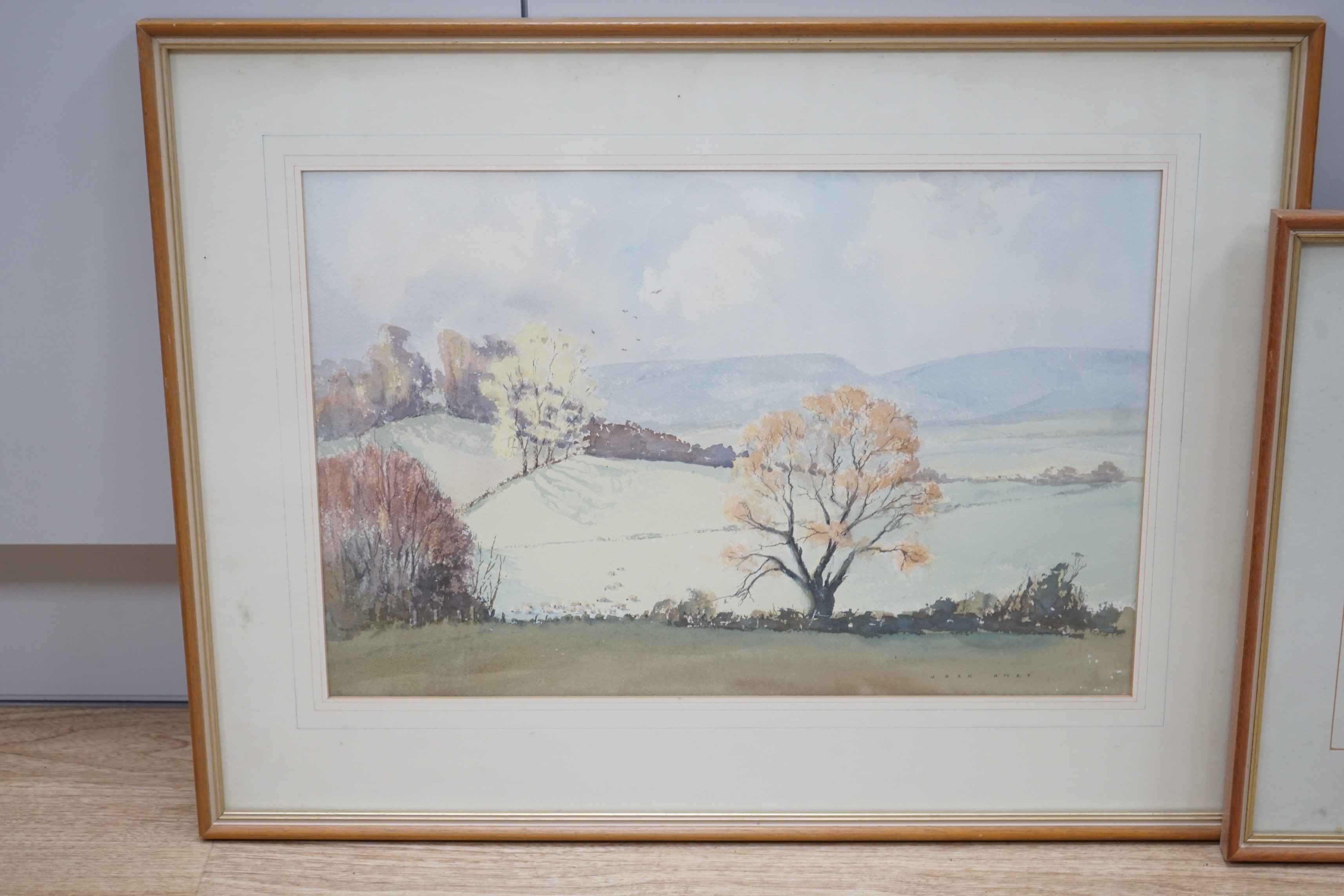 Jack Amey (20th C.), three watercolours, 'Spring at Amberley', 'Cattle at Washington' and 'Beached fishing boats', signed, largest 31 x 47cm